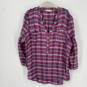 Matilda Jane shirt womens large L purpley pink ruffle plaid long sleeve casual